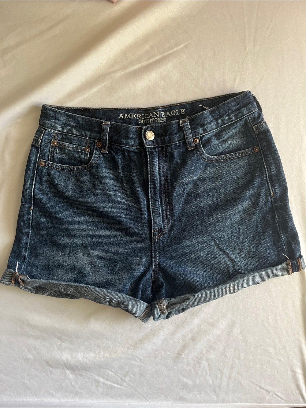 American Eagle Outfitters Dark Blue Rolled-Hem Denim Mom Shorts